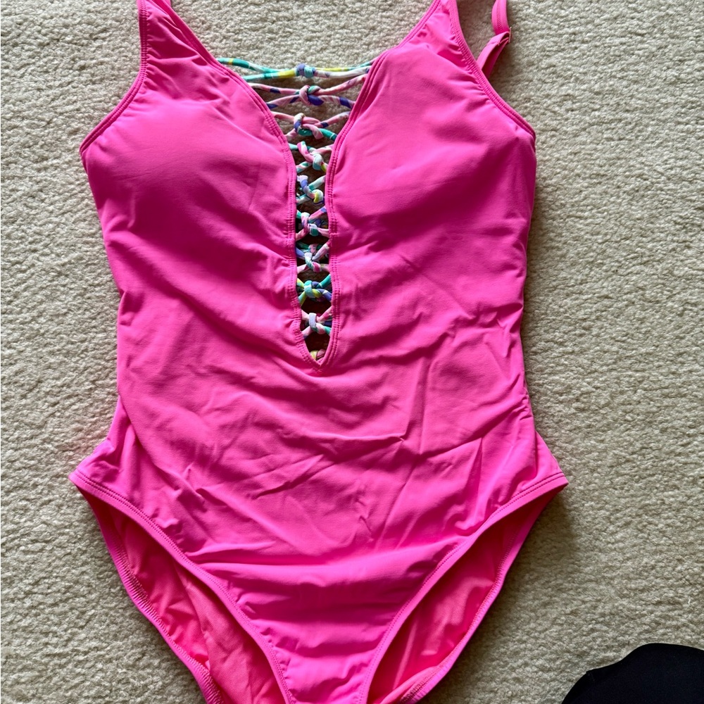 Vibrant Pink One-Piece Swimsuit with Lace-Up Detail size 8